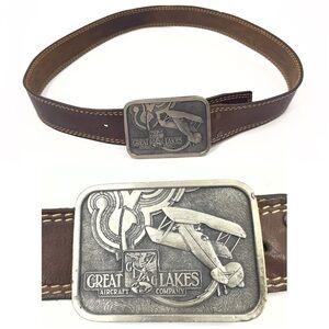 Great Lakes Aircraft Company Brown Leather Belt Mens 36 Bergamot Brass Work 1976